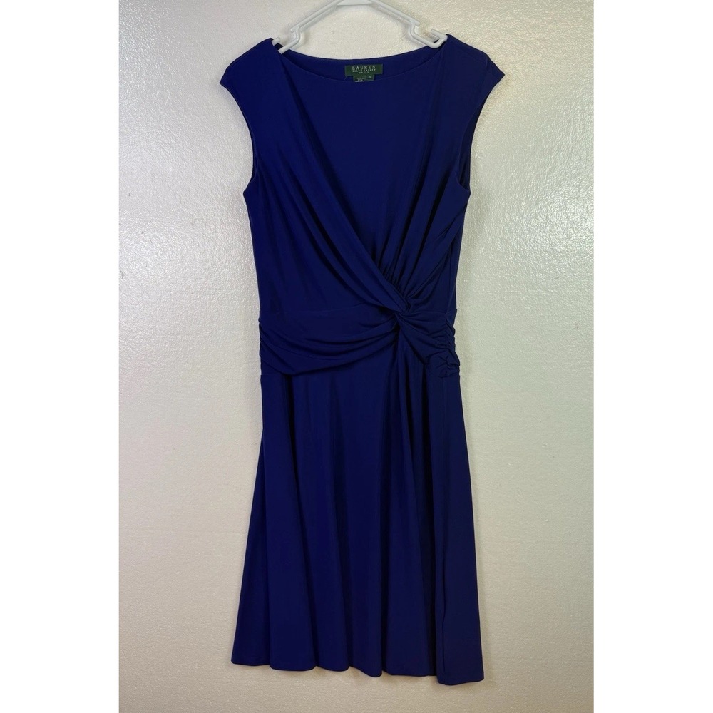 Lauren Ralph Lauren Womens Dress Sz 10 Blue Satin Sleeveless Draped Neck Evening